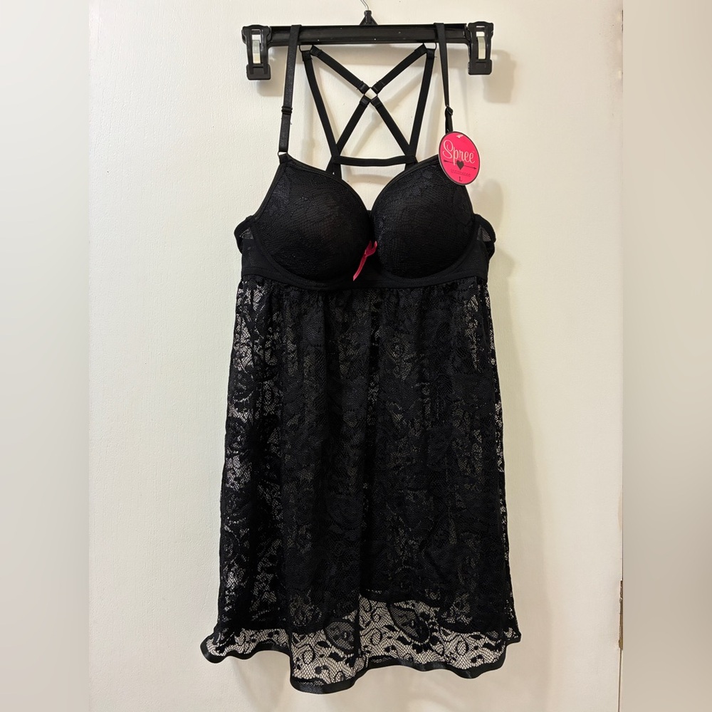Spree Intimates Black Babydoll With Pink Ribbon Lingerie Women's Size Large New